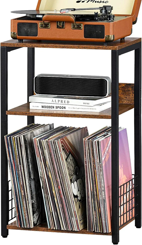3 Tier End Table,Record Player Stand with Storage up to 100 Albums,Turntable Stand for Vinyl,Brown Records Shelf for Living Room Bedroom1