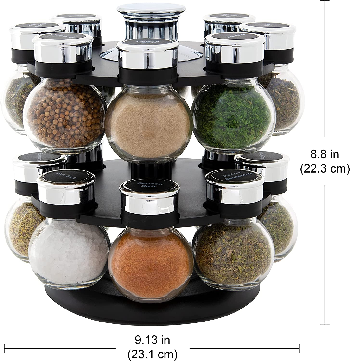16-jar-ellington-revolving-countertop-spice-rack-with-lift-pour-caps-and-spices-included-free-spice-refills-for-5-years-black-and-chrome