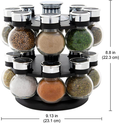 16 Jar Ellington Revolving Countertop Spice Rack with Lift & Pour Caps and Spices Included, FREE Spice Refills for 5 Years: Black and Chrome4