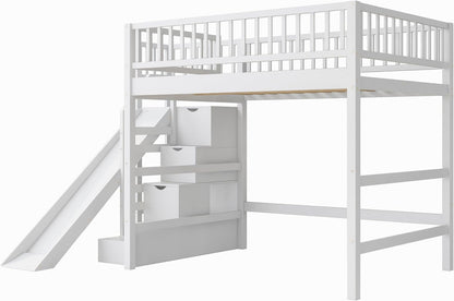 Full Size Loft Bed with Storage Staircase, Slide & LED Light, Wooden Bunk Bed for Bedroom with Built-In Shelves, White7