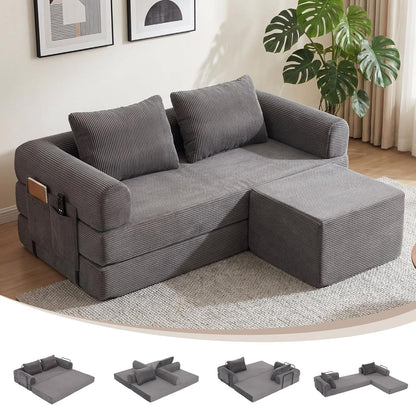 78.8″ Compressible Foldable Loveseat Sleeper Sofa Bed with Ottoman, 30D Powder-Free Foam Corduroy Couch, Space-Saving Convertible Sofa for Small Apartment, Living Room, Bedroom, Easy Setup3