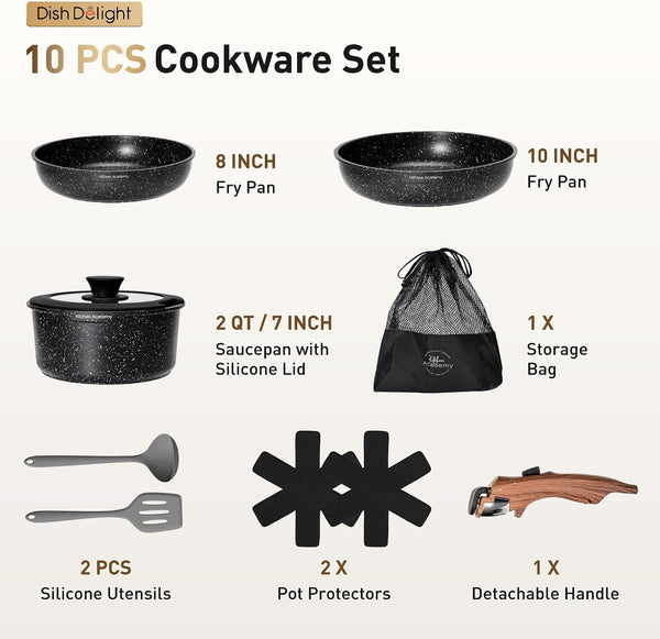 Removable Handle Pots and Pans, 10 Piece Cookware Set Non Stick | Kitchen Induction Compatible, Black Granite Non-Toxic, Stackable RV Cookware Sets for Camping2