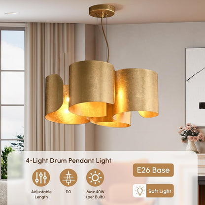 Gold Drum Chandelier 4-Light Glam Lighting Fixture, Unique Scrolled Shape Pendant Light Adjustable Hanging Dining Room Light Fixture3