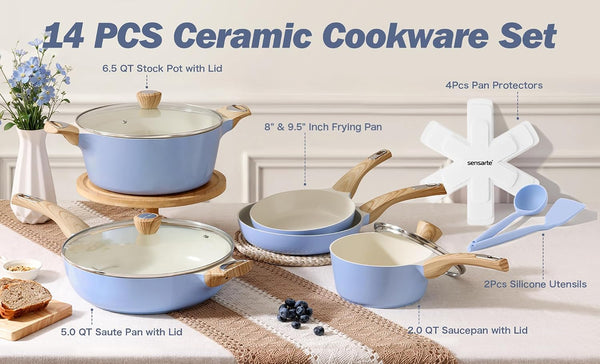 Ceramic Pots and Pans Set Nonstick, Kitchen Cookware Sets, 14-Piece Induction Cookware, Non-Toxic Healthy Non Stick Cooking Set, with Frying Pans Set, PFAS PTFE PFOA PFOS Free2