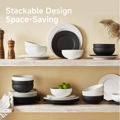 Black Dinnerware Sets, 24-Piece Plates and Bowls Sets, Matte Marble6
