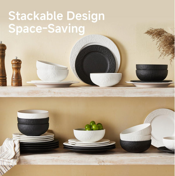 Black Dinnerware Sets, 24-Piece Plates and Bowls Sets, Matte Marble6