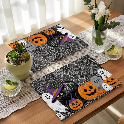 Halloween Pumpkin Placemats Set of 4,Ghost Black Cat Cotton Linen Heat-Proof Washable Placemat for Holiday Banquet Kitchen Table Decor,Spiderweb Black White Table Mat 13X19Inch8