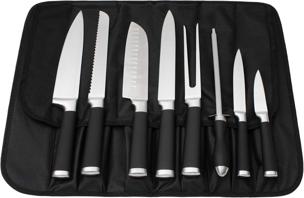 9-Piece Kitchen Knife Set in Carry Case - Ultra Sharp Chef Knives with Ergonomic Handles - Professional Japanese Chef'S Knife Set with Paring, Carving, Bread, Santoku, Utility Knives, Fork, Sharpener1
