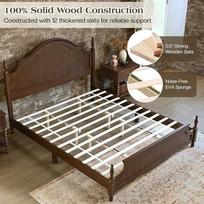 Queen Size Solid Wood Poster Bed, 55" Arched Headboard, Dark Walnut6