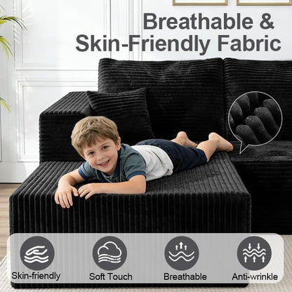 92.5" Boneless Modular Sectional Sofa L-Shaped Cloud Couch Deep Seat with Chaise Corduroy Small Modern Couches Furniture Set for Living Room&Apartment- Black(Right Facing Chaise)6