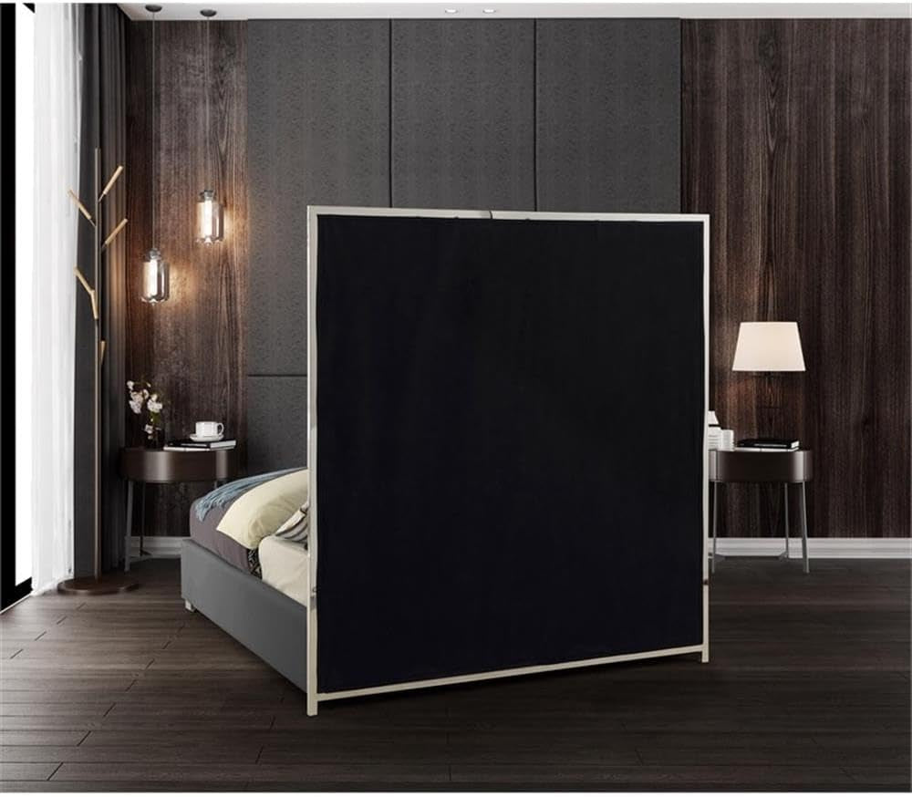 modern-king-bed-solid-wood-and-gray-vegan-leather-chrome-metal-accents-81-5-w-x-84-5-d-x-70-h-tall-geometric-headboard-no-box-spring-required-contemporary-bedroom-furniture