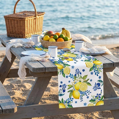 Lemon and Blue Floral Table Runner, 72 X 13 Inches, White, Summer Spring3