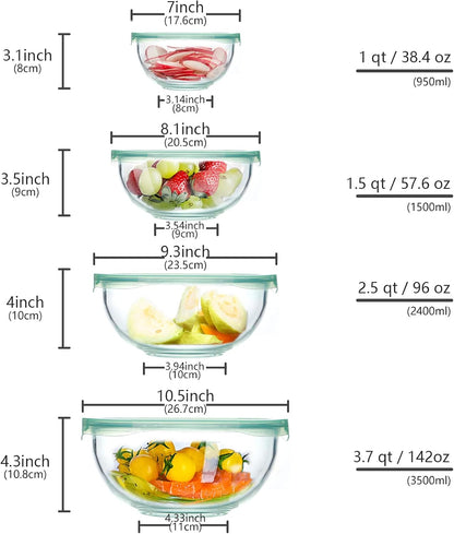 Glass Mixing Bowl with Lids Set of 4,(1Qt,1.5Qt,2.5Qt,3.7Qt) Large Salad Bowl,Space-Saving Stacking Bowl for Kitchen Food Storage,Glass Bowl for Cooking,Baking2