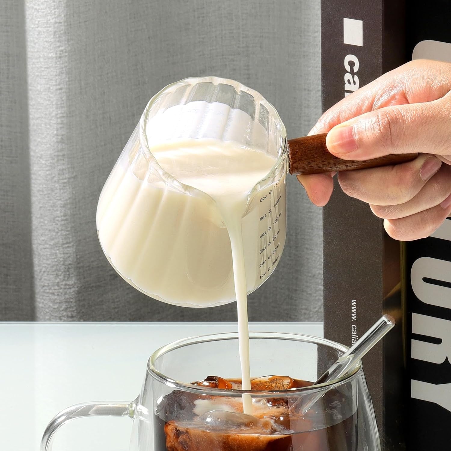 6-oz-glass-measuring-cups-with-spout-borosilicate-glass-triple-pitcher-with-scale-origami-style-espresso-shot-glasses-with-wood-handle-for-coffee-milk-dishwasher-safe