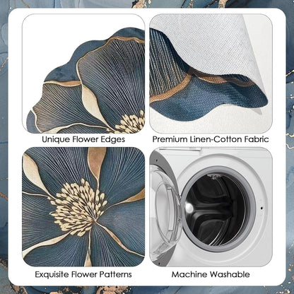 Set of 4 Cotton Linen Placemats, 15 in round Luxury Scalloped Flower Leaves Embroidered Cloth Wrinkle Free Floral Table Mats for Dining Dinner Holiday Decoration Tabletop Home Kitchen Blue3