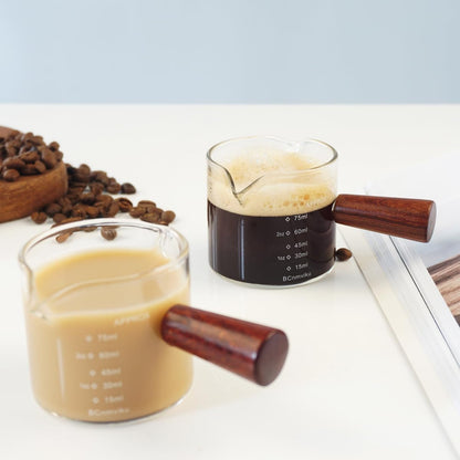 2 PCS Double Spouts Measuring Triple Pitcher Milk Cup with Wood Handle 75ML Espresso Shot Glasses Parts Clear Glass by6
