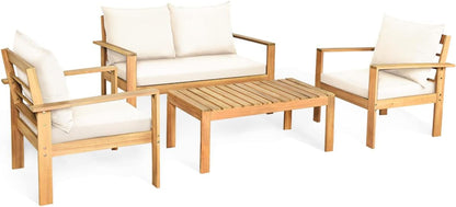 Outdoor 4-Piece Acacia Wood Chat Set, 4 Seater Acacia Wood Conversation Sofa and Table Set with Water Resistant Cushions, Teak Finished (1, White)1