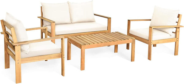 Outdoor 4-Piece Acacia Wood Chat Set, 4 Seater Acacia Wood Conversation Sofa and Table Set with Water Resistant Cushions, Teak Finished (1, White)1