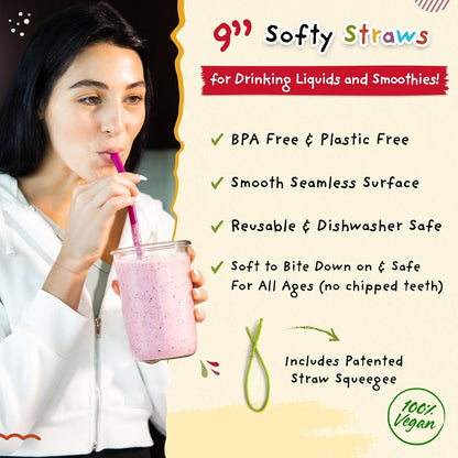 Wide Premium Reusable Silicone Drinking Straws + Patented Straw Squeegee - 9” Long with Curved Bend for 20 30 32 Oz Tumblers Non Rubber, Flexible, Safe for Kids/Toddlers, Smoothie2