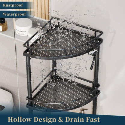Corner Shower Caddy Stand - 3 Tier Shower Organizer with Soap Holder, Tall Floor Corner Shelves Standing with Adjustable Feet & 4 Hooks, Storage Rack for Bathroom Black6