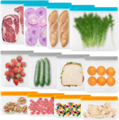 12 Pack Reusable Freezer Bags Dishwasher Safe, Leakproof Food Storage Bags, Silicone Bags for Food Storage Home Organization (4 Reusable Snack Bags 4 Sandwich Bags 4 Gallon Freezer Bags)1