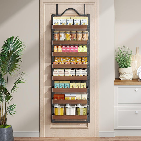 8-Tier Pantry Door Organizer, over the Door Pantry Organizer with Wooden Adjustable Baskets, 2 in 1 Spice Rack Wall Mount or Door Organizer, Door Spice Rack for Pantry（72.6×17.1×5.1In,Black)7