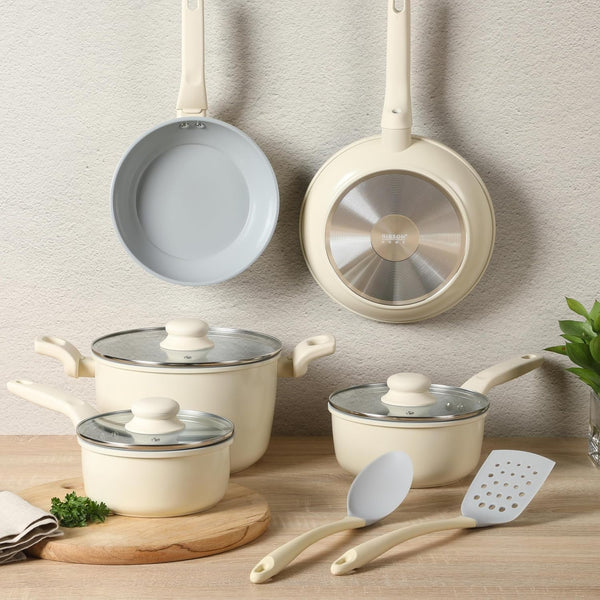 Barnsdall 10 Piece Premium PFA Free Ceramic Nonstick Pots and Pans Aluminum Induction Cookware Set W/Kitchen Tools - Linen White/Grey Non Stick2