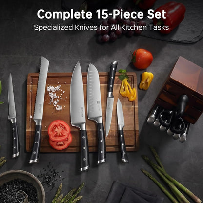 Knife Block Set, 15 Pieces Knife Set with Block, High Carbon Stainless Steel Kitchen Knife Set with Sharpener, Knives Set for Kitchen with Full Tang Triple Rivet Handle4