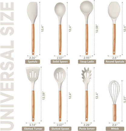 Silicone Kitchen Cooking Utensils Set with Wooden Handle, Khaki2