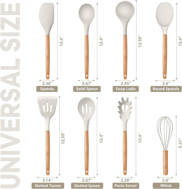 Silicone Kitchen Cooking Utensils Set with Wooden Handle, Khaki2