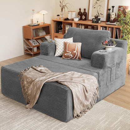 Oversized Chaise Lounge Chair, Cloud Couch with Fluffy Upholstered, Deep Seat Sleeper Sofa Bed with Two Cup Holders, Comfy Boneless Couch No Assembly Required for Living Room, Apartment (Grey)1