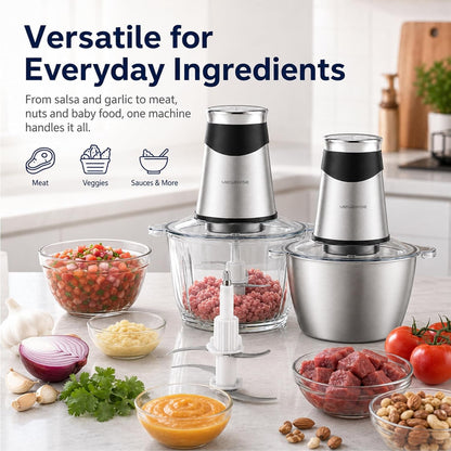 Electric Food Chopper 800W, Dual-Speed Meat Grinder With1.2L 304# Stainless Steel Bowl & 2.2L Glass Bowl, Bpa-Free Food Processor for Meat, Vegetables, and Nuts3