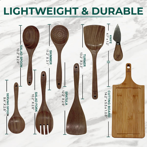 Wooden Spoons for Cooking, 8 Pcs Teak Wooden Kitchen Utensil Set, Teak Wooden Utensil Set, Wooden Cooking Utensils, Non Toxic Cooking Utensils with Knife and Bamboo Board3