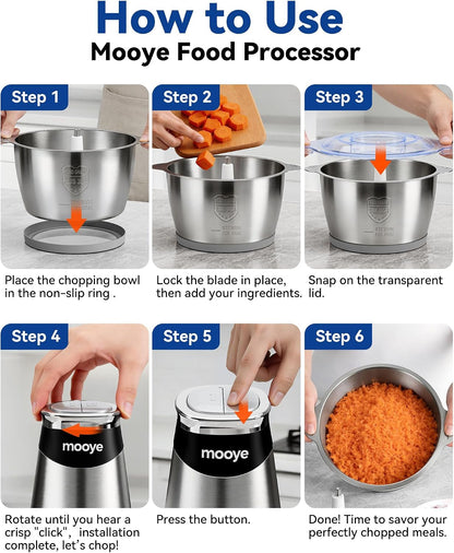 Food Processor Electric Food Chopper with Meat Grinder & Vegetable Chopper - 3 Bowls(8Cup+8Cup+3Cup) with Powerful Copper Motor - Includes 3 Sets of Bi-Level Blades for Fruits/Meat/Nuts7