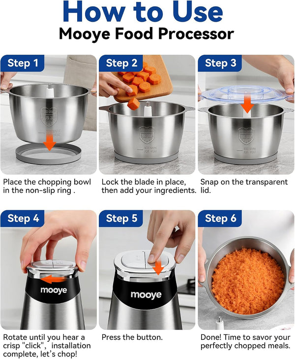 Food Processor Electric Food Chopper with Meat Grinder & Vegetable Chopper - 3 Bowls(8Cup+8Cup+3Cup) with Powerful Copper Motor - Includes 3 Sets of Bi-Level Blades for Fruits/Meat/Nuts7