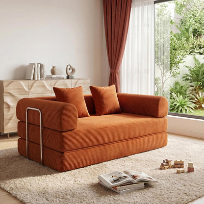 Futon Sofa Bed Modular Loveseat Sleeper Folding Pull Out Couch with Pillows, No Assembly Required Boneless Couch for Living Room Bedroom Guest Room (Orange, 59.06" Loveseat Sofa)1