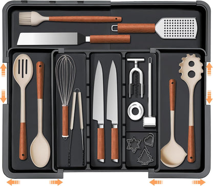 Large Utensil Drawer Organizer Expandable Silverware Organizer for Kitchen Drawer Adjustable Cooking Utensil Holder Cutlery Flatware Tray Spatula Tools Gadgets Storage Dividers Plastic Black1