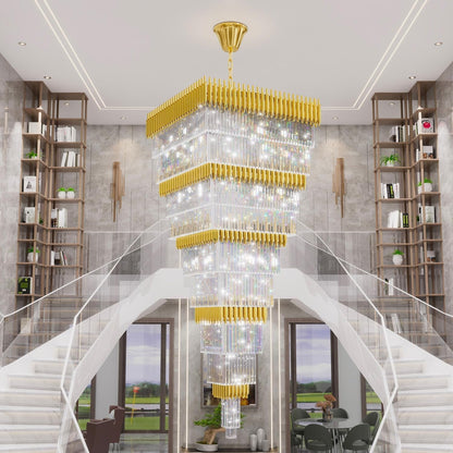 W40 X H120 Large Gold Chandeliers for High Ceiling, 39-Light Square Tiered K9 Crystal Raindrop Chandelier, Adjustable Height Luxury Pendant Light for Staircase, Villa Foyer, Entryway6