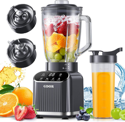 Professional Blender for Kitchen, 1200 Peak Watts Smoothie Blender, 5 Functions for Ice Crushing & Frozen Fruit, 52 Oz Glass Jar & 24 Oz To-Go Cup Combo, Self-Cleaning, Gray1