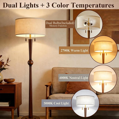 Solid Wood Floor Lamp for Living Room with Wooden Pull Chains | 62.8" Tall,Sculptural Wood Base & Stem,17" Linen Drum Shade,2-Light Standing Lamp for Bedroom & Reading Corner,Bulbs Included4