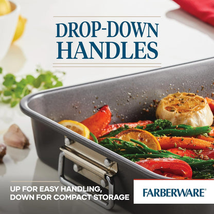 Bakeware Nonstick Roaster with Flat Rack, Roasting Pan with Rack for Home Cooking, 11-Inch X 15-Inch, Gray6