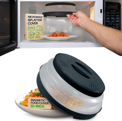 Magnetic Microwave Splatter Cover - 12-Inch Collapsible - Black | High Power, Stronger Magnetic Grip, Bpa-Free Lid, Vented Plate Guard with Steam Vents, Dishwasher Safe, Space-Saving Storage1