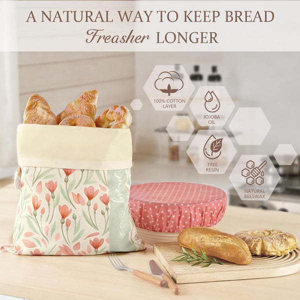 Beeswax Bread Bag and Bowl Cover Set, Reusable Beeswax Bread Bag for Sourdough and Homemade Bread, Natural Lined Cotton Bowl Cover for Dough Proofing, Perfect for Baking and Storage4
