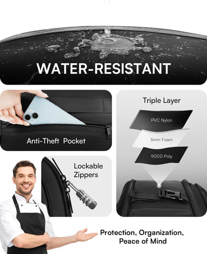 Chef Knife Backpack with Waterproof Pocket, 30+ Pockets for Knives and Tools, Knife Bags for Chefs Professional Culinary Apprentice Private Chefs, Pocket for Tablet Laptop (Knife Not Included)7
