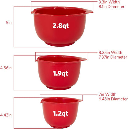 Mixing Bowls with Pour Spout, Set of 3 | Nesting Design Saves Space | Non-Slip, BPA Free, Dishwasher Safe Plastic | Kitchen Cooking and Baking Supplies, Red3