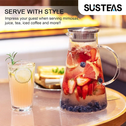 2L/68Oz Glass Pitcher with Lid and Handle,Carafe for Hot/Cold Water | Hand-Blown Heat Resistant Borosilicate Beverage for Brew,Coffee,Iced Tea,Juice, Easy Clean with Long-Handled Brush6
