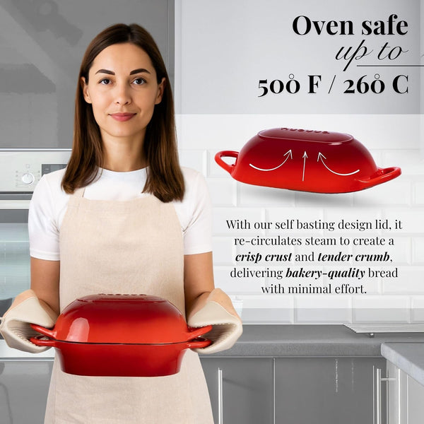 Dutch Oven for Sourdough Bread Baking – Enamelled Cast Iron Bread Loaf Pot – Oven Safe Non Stick Bread Pot – Rectangular, Red, 24Cm X 16Cm – by3