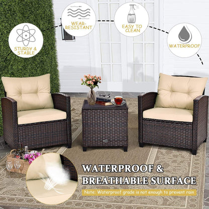 3 Pieces Patio Furniture Set, PE Rattan Wicker 3 Pcs Outdoor Sofa Set W/Washable Cushion and Tempered Glass Tabletop, Conversation Furniture for Garden Poolside Balcony (Beige)8