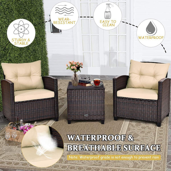 3 Pieces Patio Furniture Set, PE Rattan Wicker 3 Pcs Outdoor Sofa Set W/Washable Cushion and Tempered Glass Tabletop, Conversation Furniture for Garden Poolside Balcony (Beige)8