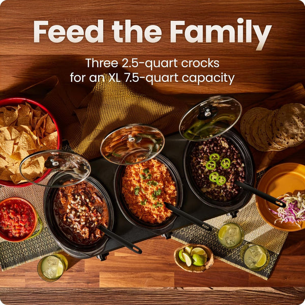Triple Slow Cooker & Food Warmer, Three Crock Slowcooker with 2.5 Qt. Ceramic Crocks, 7.5-Quart Total Capacity, Pfas-Free, Three Temperature Settings, Dishwasher-Safe Parts – Stainless Steel5